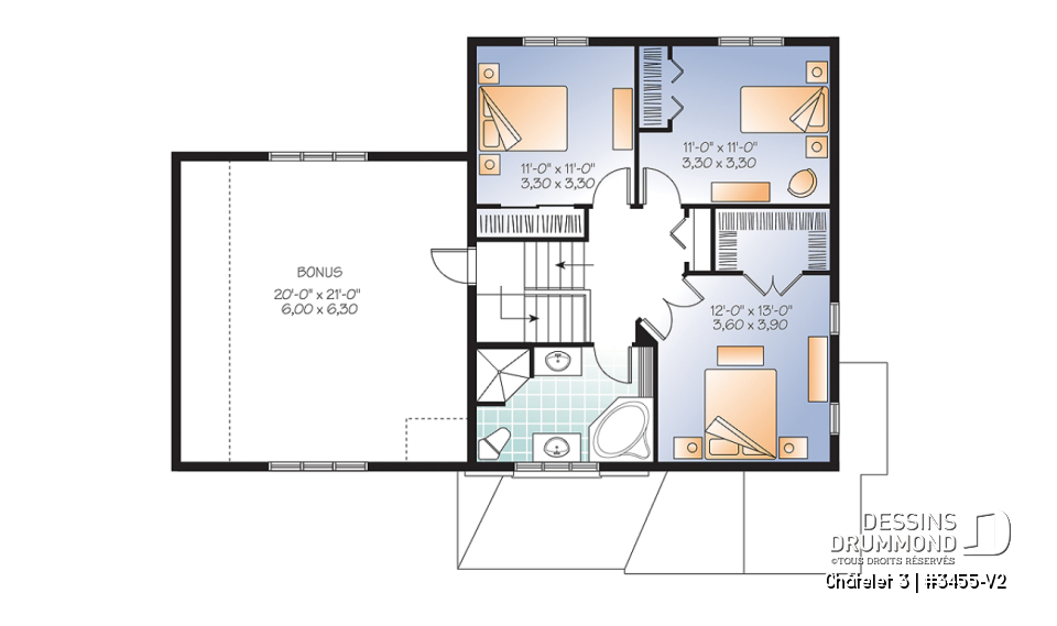 Étage - Plan de maison champêtre avec pierre, garage, espace boni, salle de séjour avec foyer, buanderie au rdc - Châtelet 3