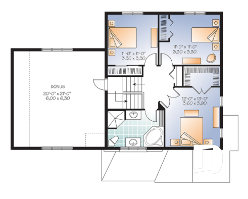Étage - Plan de maison champêtre avec pierre, garage, espace boni, salle de séjour avec foyer, buanderie au rdc - Châtelet 3