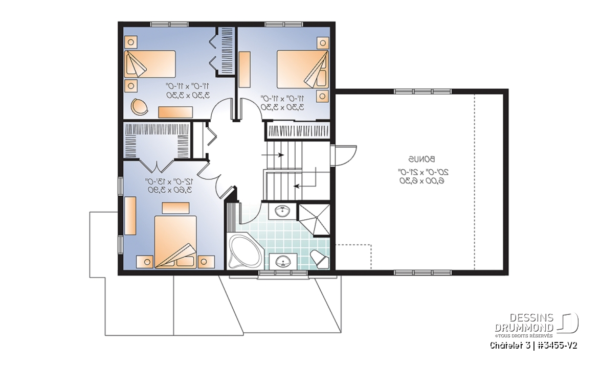 Étage - Plan de maison champêtre avec pierre, garage, espace boni, salle de séjour avec foyer, buanderie au rdc - Châtelet 3