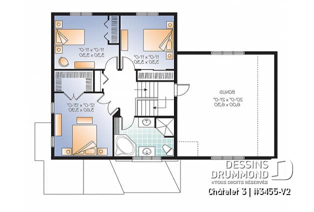 Étage - Plan de maison champêtre avec pierre, garage, espace boni, salle de séjour avec foyer, buanderie au rdc - Châtelet 3
