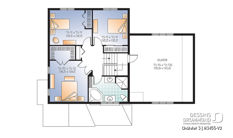 Étage - Plan de maison champêtre avec pierre, garage, espace boni, salle de séjour avec foyer, buanderie au rdc - Châtelet 3
