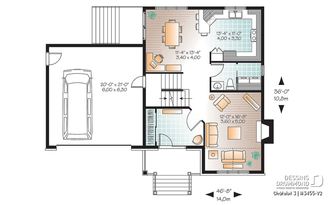 Rez-de-chaussée - Plan de maison champêtre avec pierre, garage, espace boni, salle de séjour avec foyer, buanderie au rdc - Châtelet 3