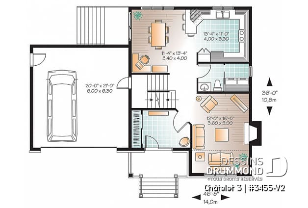 Rez-de-chaussée - Plan de maison champêtre avec pierre, garage, espace boni, salle de séjour avec foyer, buanderie au rdc - Châtelet 3