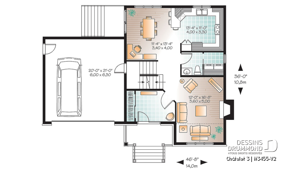 Rez-de-chaussée - Plan de maison champêtre avec pierre, garage, espace boni, salle de séjour avec foyer, buanderie au rdc - Châtelet 3