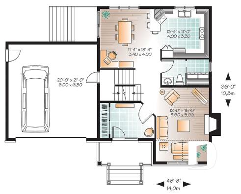 Rez-de-chaussée - Plan de maison champêtre avec pierre, garage, espace boni, salle de séjour avec foyer, buanderie au rdc - Châtelet 3