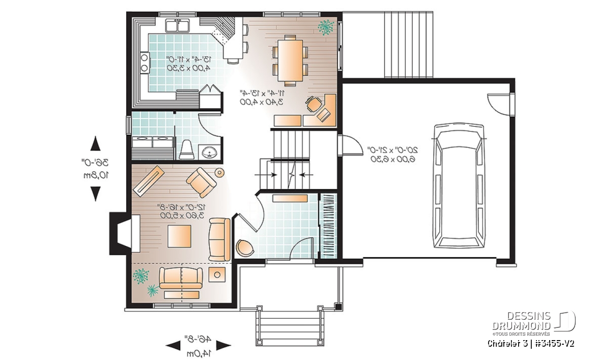 Rez-de-chaussée - Plan de maison champêtre avec pierre, garage, espace boni, salle de séjour avec foyer, buanderie au rdc - Châtelet 3