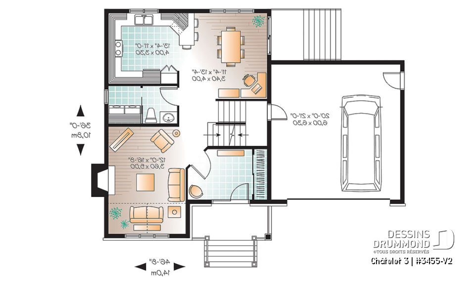 Rez-de-chaussée - Plan de maison champêtre avec pierre, garage, espace boni, salle de séjour avec foyer, buanderie au rdc - Châtelet 3