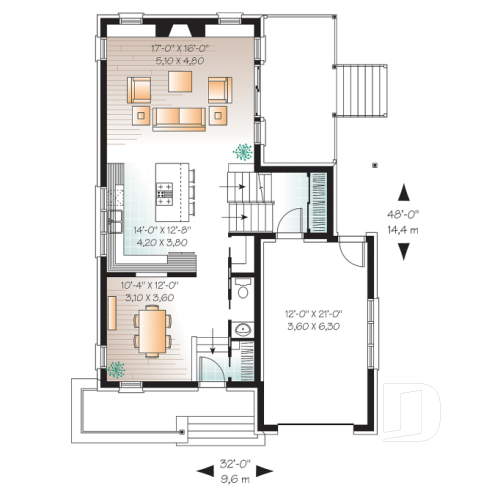 Rez-de-chaussée - Maison de style contemporain à palier, 2 chambres, garage, grande salle de séjour avec foyer - Lily
