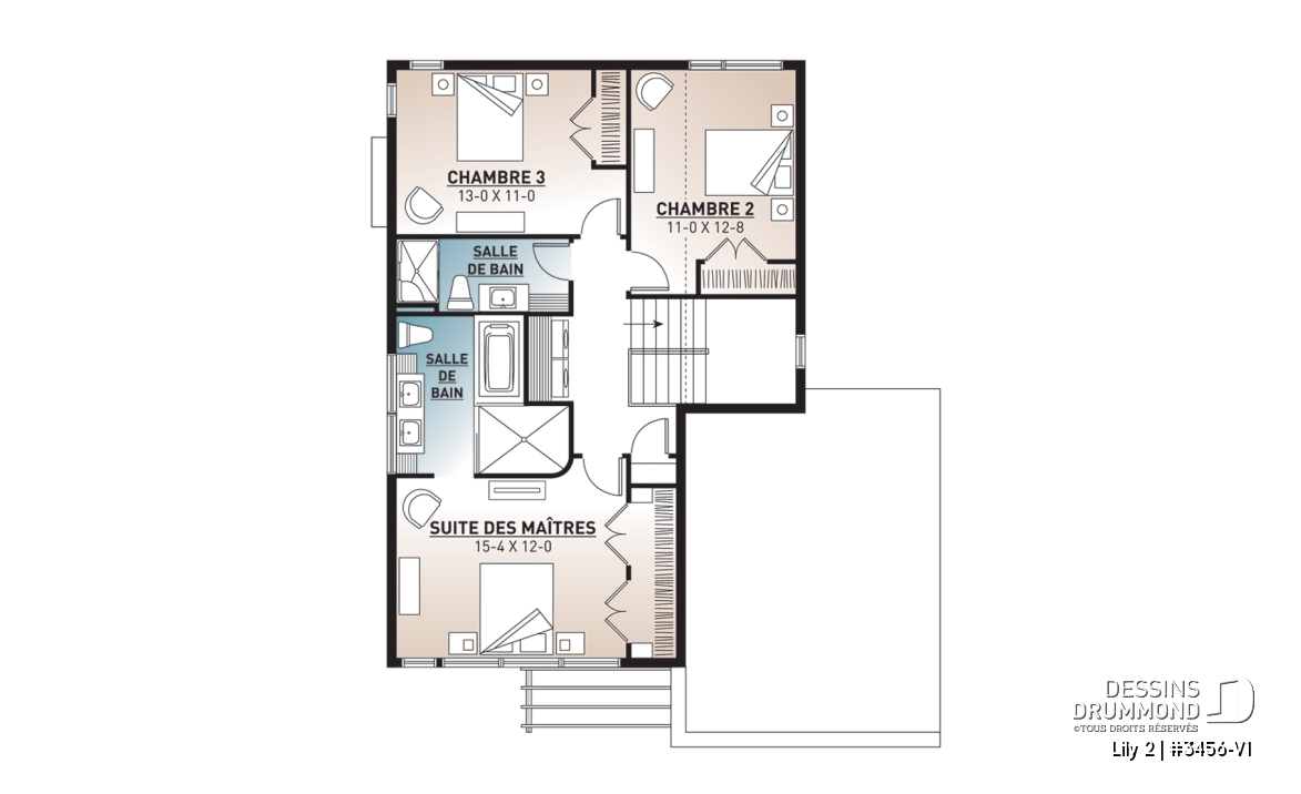 Étage - Plan de maison contemporaine originale, 3 chambres + bureau à domicile, ilôt et garde-manger à la cuisine - Lily 2