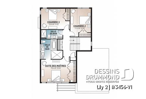 Étage - Plan de maison contemporaine originale, 3 chambres + bureau à domicile, ilôt et garde-manger à la cuisine - Lily 2