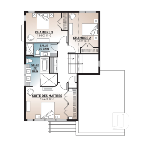 Étage - Plan de maison contemporaine originale, 3 chambres + bureau à domicile, ilôt et garde-manger à la cuisine - Lily 2