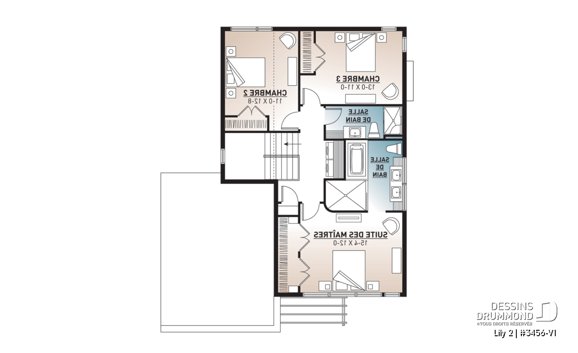 Étage - Plan de maison contemporaine originale, 3 chambres + bureau à domicile, ilôt et garde-manger à la cuisine - Lily 2