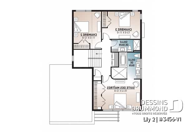 Étage - Plan de maison contemporaine originale, 3 chambres + bureau à domicile, ilôt et garde-manger à la cuisine - Lily 2