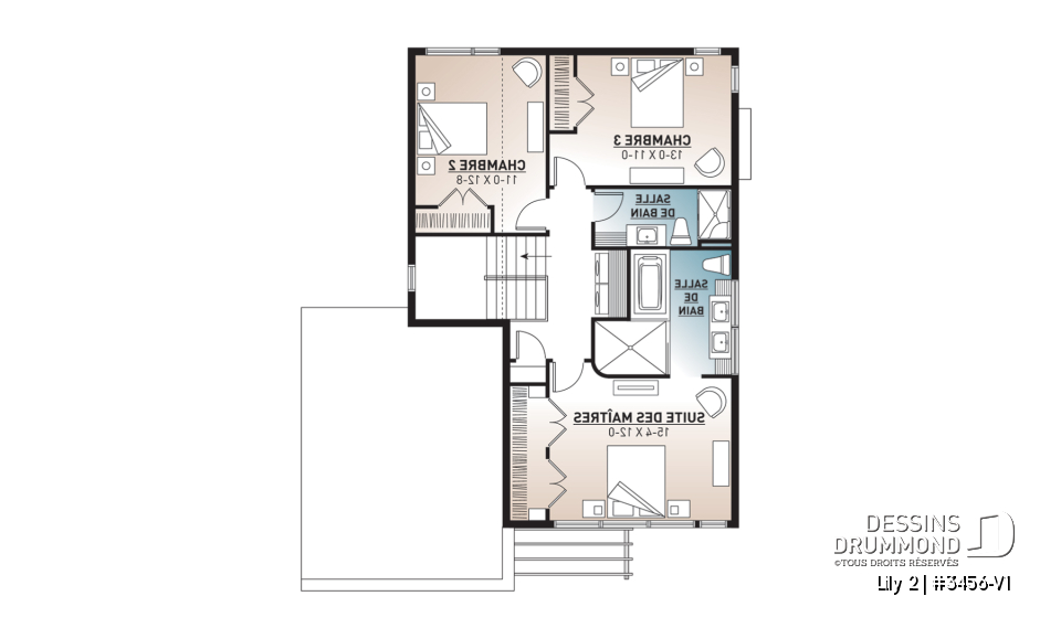 Étage - Plan de maison contemporaine originale, 3 chambres + bureau à domicile, ilôt et garde-manger à la cuisine - Lily 2