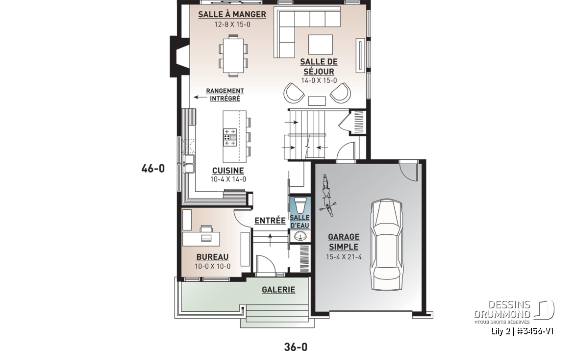 Rez-de-chaussée - Plan de maison contemporaine originale, 3 chambres + bureau à domicile, ilôt et garde-manger à la cuisine - Lily 2