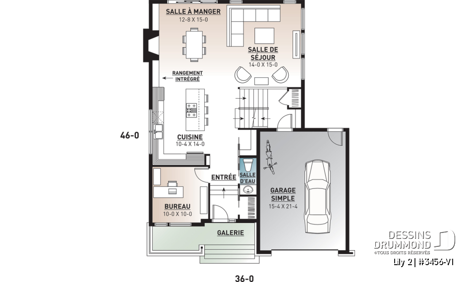 Rez-de-chaussée - Plan de maison contemporaine originale, 3 chambres + bureau à domicile, ilôt et garde-manger à la cuisine - Lily 2