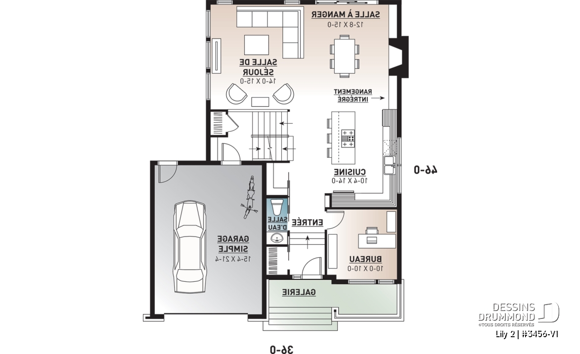 Rez-de-chaussée - Plan de maison contemporaine originale, 3 chambres + bureau à domicile, ilôt et garde-manger à la cuisine - Lily 2