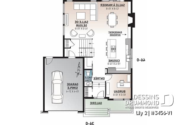Rez-de-chaussée - Plan de maison contemporaine originale, 3 chambres + bureau à domicile, ilôt et garde-manger à la cuisine - Lily 2