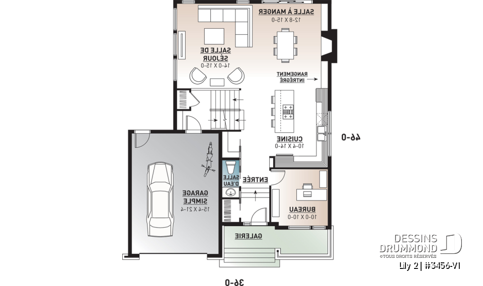 Rez-de-chaussée - Plan de maison contemporaine originale, 3 chambres + bureau à domicile, ilôt et garde-manger à la cuisine - Lily 2