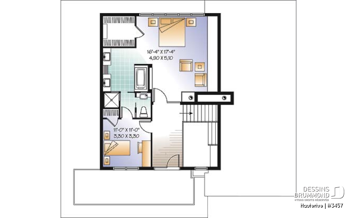 Étage - Plan maison moderne 4 chambres, cuisine spacieuse, îlot central, grande salle de séjour, bureau, terrasse - Hauterive