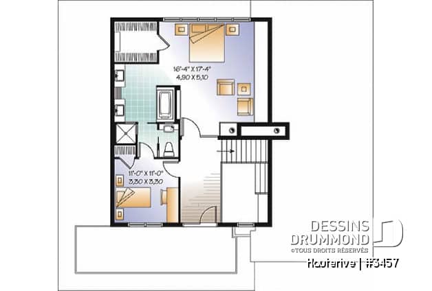 Étage - Plan maison moderne 4 chambres, cuisine spacieuse, îlot central, grande salle de séjour, bureau, terrasse - Hauterive