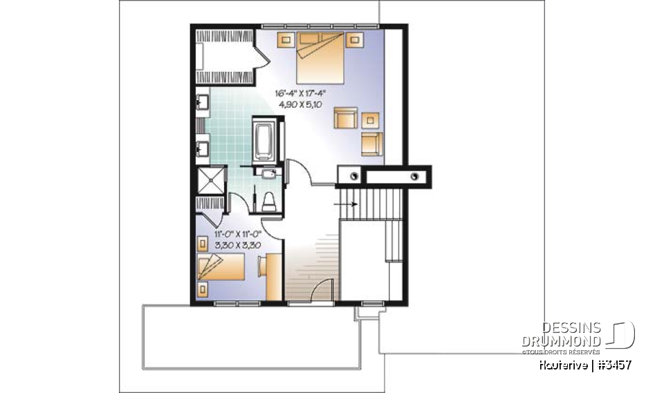 Étage - Plan maison moderne 4 chambres, cuisine spacieuse, îlot central, grande salle de séjour, bureau, terrasse - Hauterive