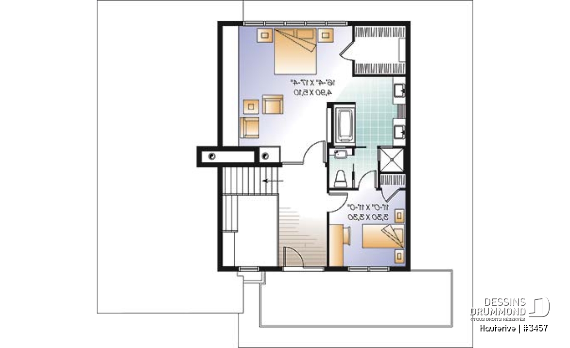 Étage - Plan maison moderne 4 chambres, cuisine spacieuse, îlot central, grande salle de séjour, bureau, terrasse - Hauterive