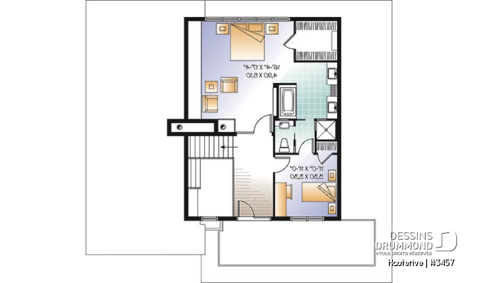 Étage - Plan maison moderne 4 chambres, cuisine spacieuse, îlot central, grande salle de séjour, bureau, terrasse - Hauterive