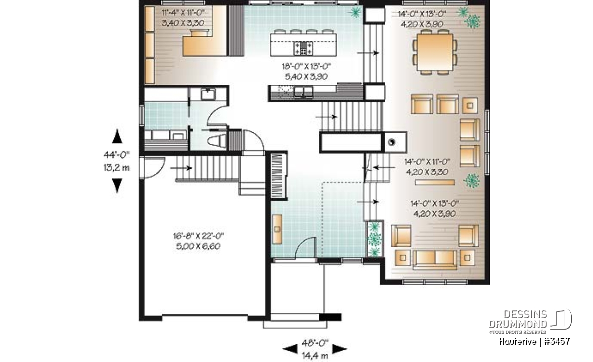 Rez-de-chaussée - Plan maison moderne 4 chambres, cuisine spacieuse, îlot central, grande salle de séjour, bureau, terrasse - Hauterive
