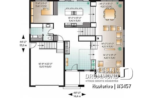 Rez-de-chaussée - Plan maison moderne 4 chambres, cuisine spacieuse, îlot central, grande salle de séjour, bureau, terrasse - Hauterive