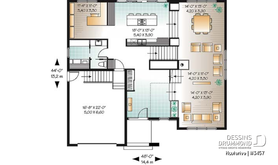 Rez-de-chaussée - Plan maison moderne 4 chambres, cuisine spacieuse, îlot central, grande salle de séjour, bureau, terrasse - Hauterive