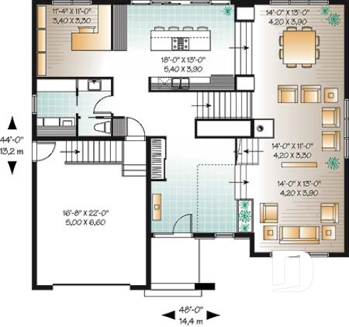 Rez-de-chaussée - Plan maison moderne 4 chambres, cuisine spacieuse, îlot central, grande salle de séjour, bureau, terrasse - Hauterive