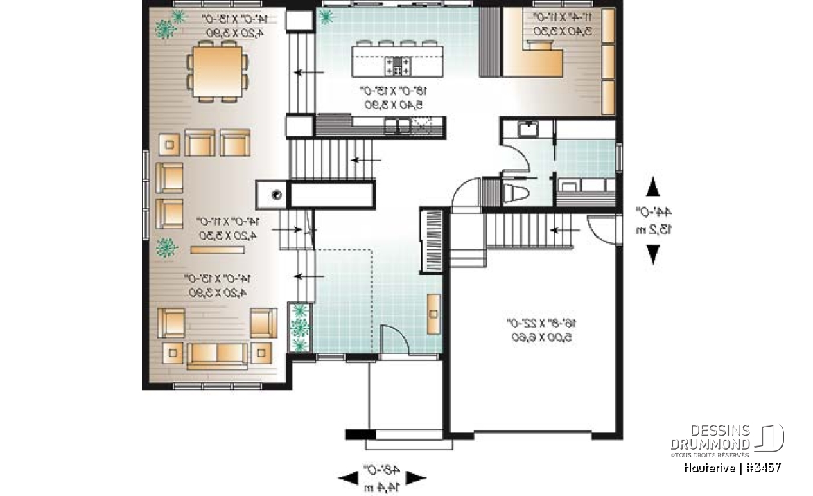 Rez-de-chaussée - Plan maison moderne 4 chambres, cuisine spacieuse, îlot central, grande salle de séjour, bureau, terrasse - Hauterive