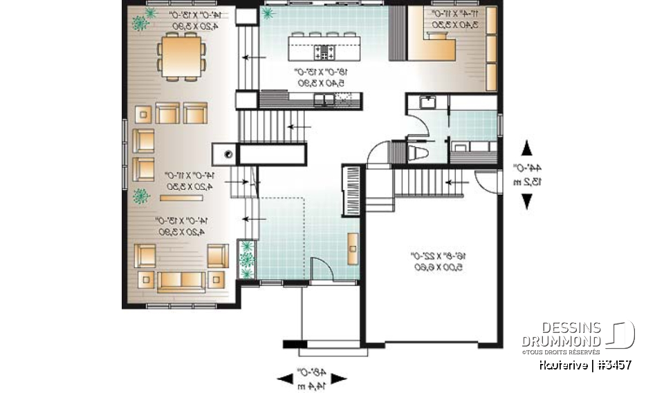Rez-de-chaussée - Plan maison moderne 4 chambres, cuisine spacieuse, îlot central, grande salle de séjour, bureau, terrasse - Hauterive