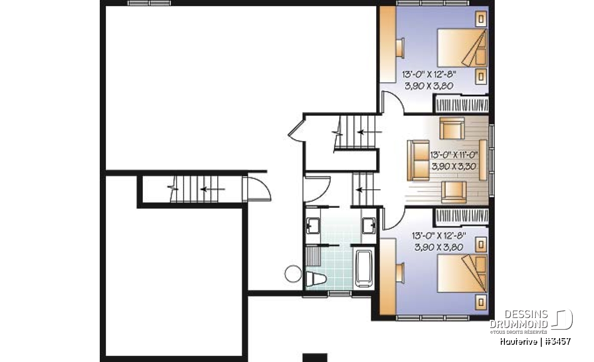 Sous-sol - Plan maison moderne 4 chambres, cuisine spacieuse, îlot central, grande salle de séjour, bureau, terrasse - Hauterive