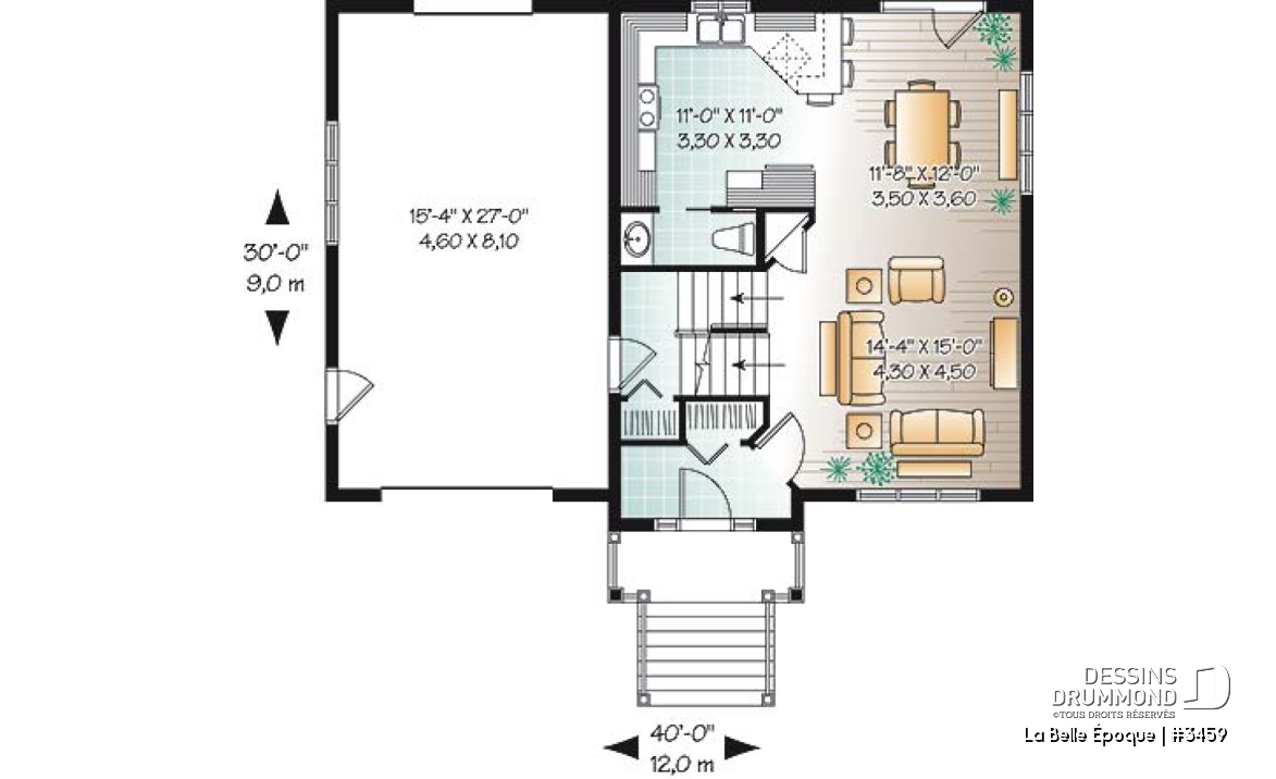 Rez-de-chaussée - Plan de maison moderne rustique de 4 à 5 chambres, buanderie à l'étage, garage, suite des parents - La Belle Époque