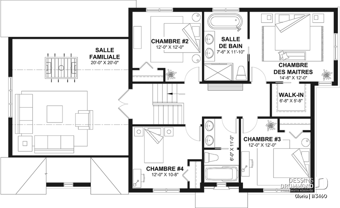Étage - Plan de maison spacieuse, 4+ chambres, grand garage, bureau, suite des maître, sous-sol aménagé (optionnel) - Gloria
