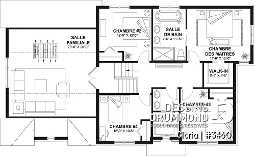 Étage - Plan de maison spacieuse, 4 chambres, grand garage, bureau, buanderie, suite des maître, 2 salonss,  - Gloria