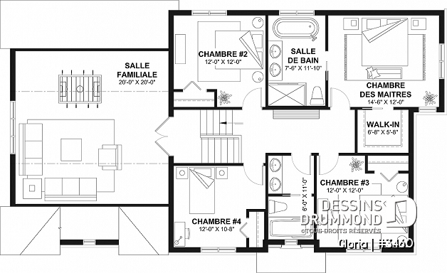 Étage - Plan de maison spacieuse, 4 chambres, grand garage, bureau, buanderie, suite des maître, 2 salonss,  - Gloria