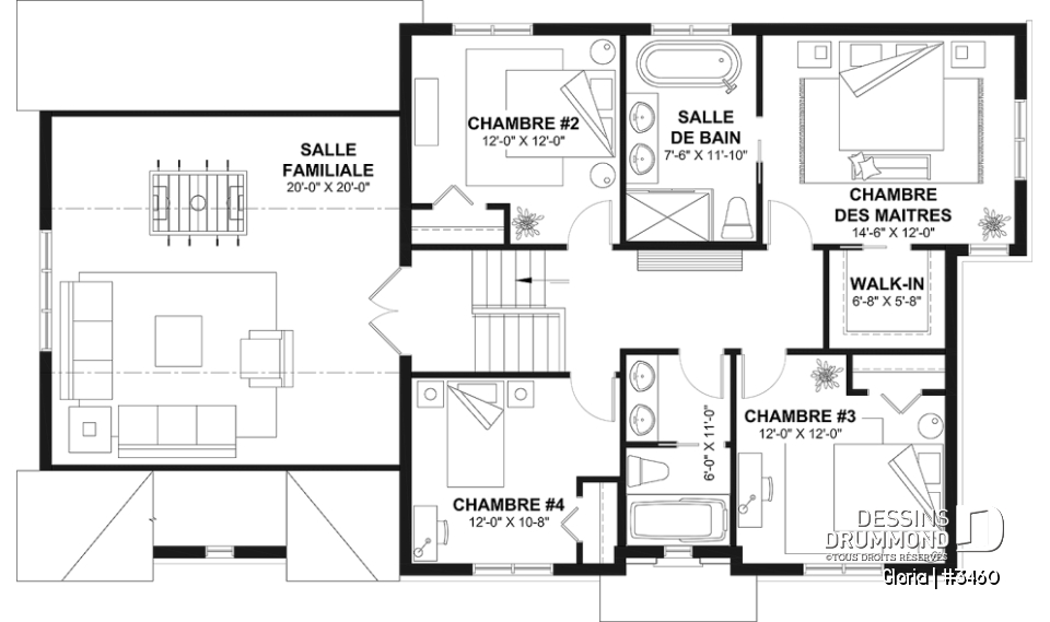 Étage - Plan de maison spacieuse, 4+ chambres, grand garage, bureau, suite des maître, sous-sol aménagé (optionnel) - Gloria