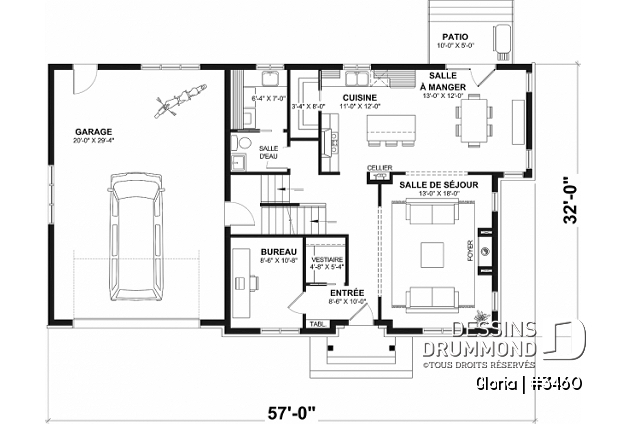 Rez-de-chaussée - Plan de maison spacieuse, 4 chambres, grand garage, bureau, buanderie, suite des maître, 2 salonss,  - Gloria