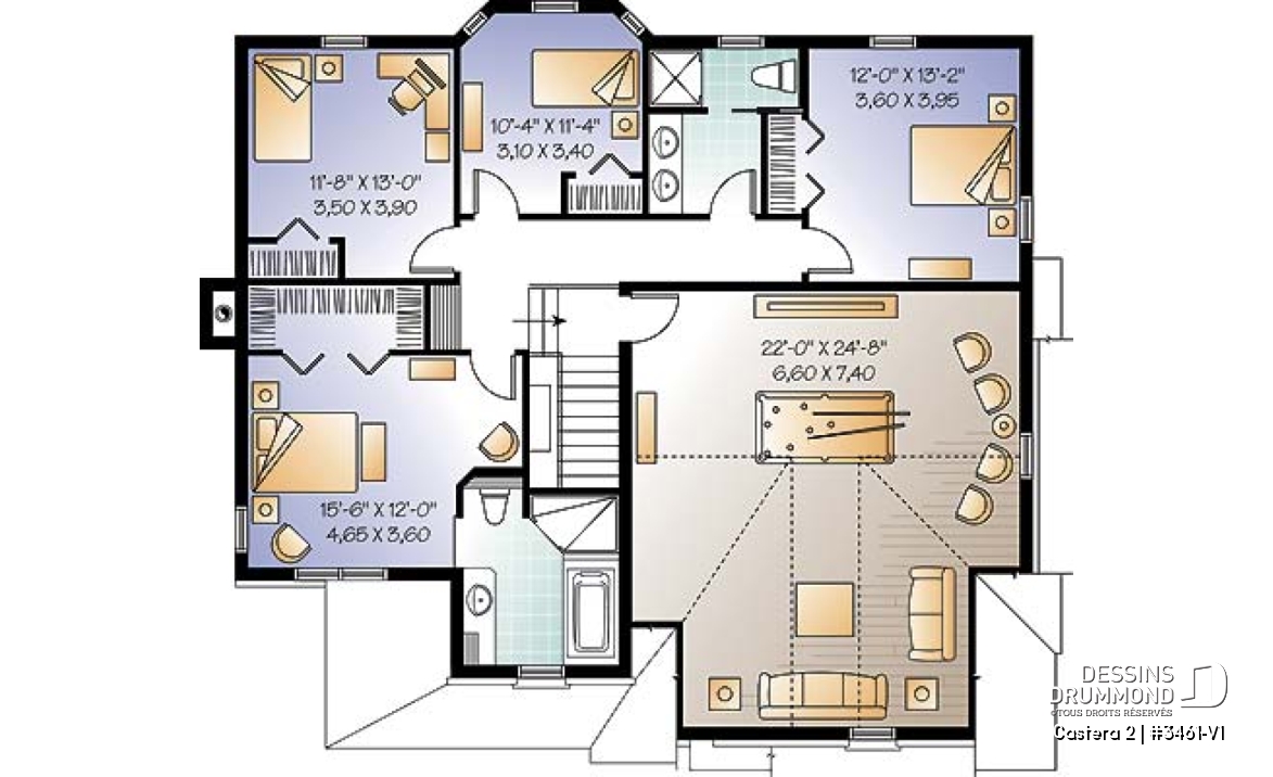 Étage - Modèle de maison avec 4 chambres sur même plancher, salon &amp; salle familiale, bureau à domicile, garage double - Castera 2