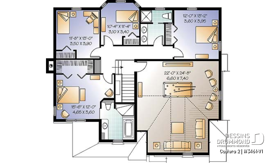 Étage - Modèle de maison avec 4 chambres sur même plancher, salon &amp; salle familiale, bureau à domicile, garage double - Castera 2
