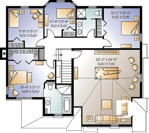 Étage - Modèle de maison avec 4 chambres sur même plancher, salon & salle familiale, bureau à domicile, garage double - Castera 2