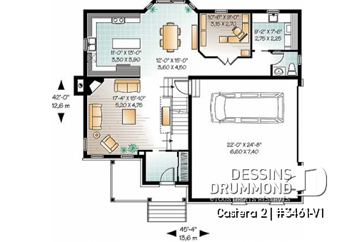 Rez-de-chaussée - Plan de maison avec 4 chambres sur même plancher, salon & salle familiale, bureau à domicile, garage double - Castera 2