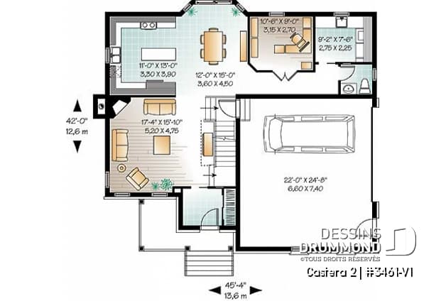 Rez-de-chaussée - Plan de maison avec 4 chambres sur même plancher, salon & salle familiale, bureau à domicile, garage double - Castera 2
