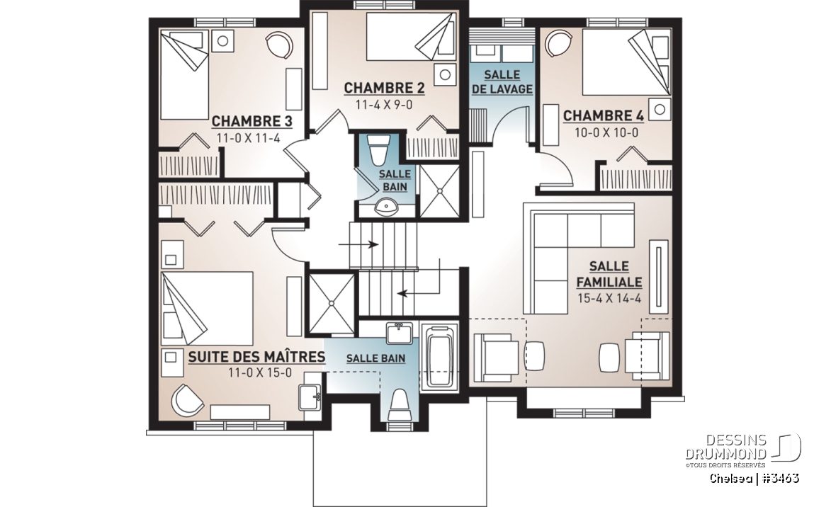 Étage - Superbe plan maison champêtre 4 chambres, 3 salles de bain, une salle familiale à l'étage et garage - Chelsea