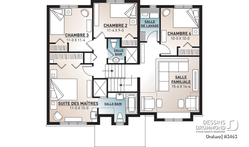 Étage - Superbe plan maison champêtre 4 chambres, 3 salles de bain, une salle familiale à l'étage et garage - Chelsea