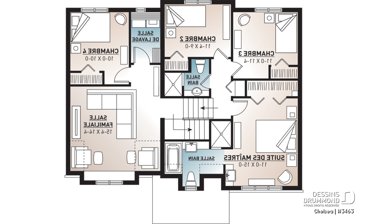 Étage - Superbe plan maison champêtre 4 chambres, 3 salles de bain, une salle familiale à l'étage et garage - Chelsea