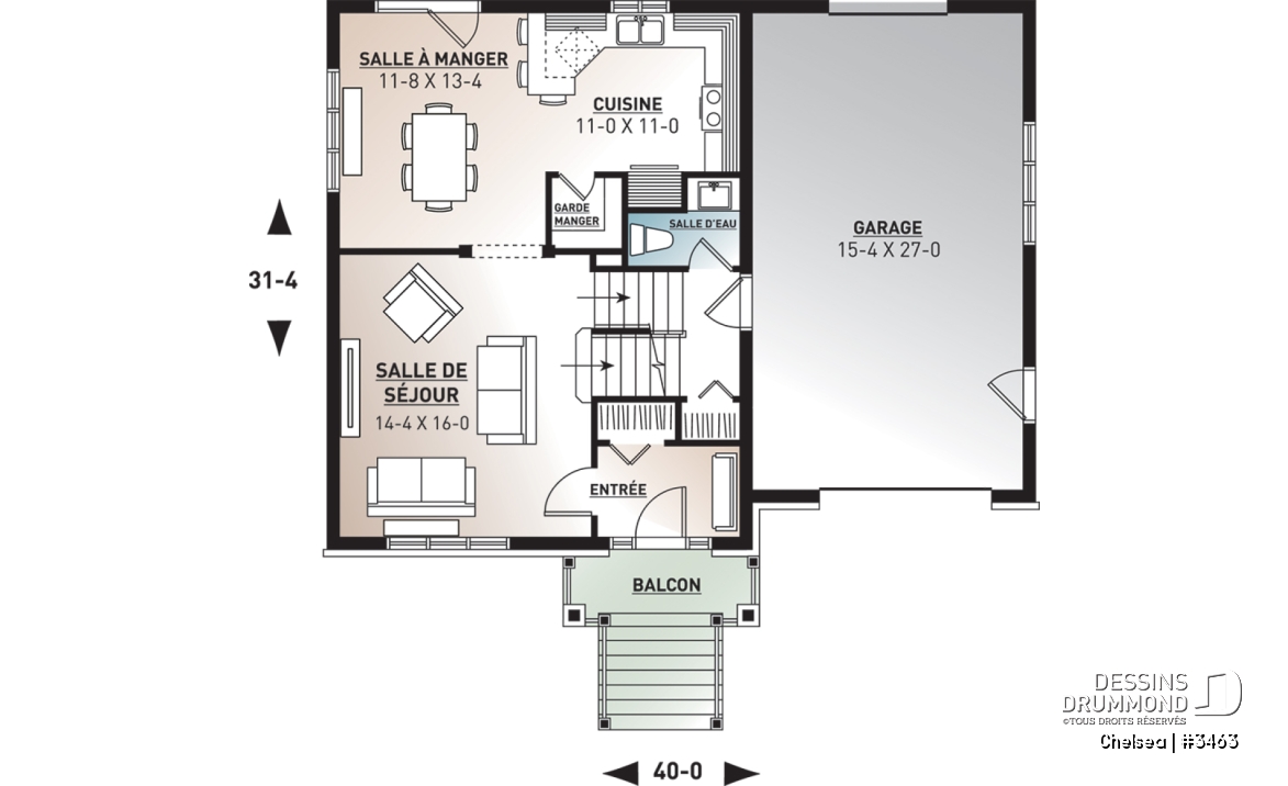 Rez-de-chaussée - Superbe plan maison champêtre 4 chambres, 3 salles de bain, une salle familiale à l'étage et garage - Chelsea